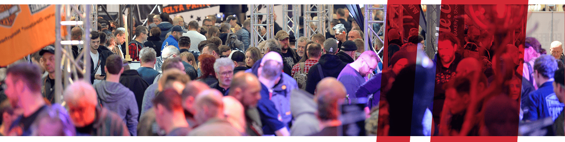 Designed header image with blurry view on exhibition visitors